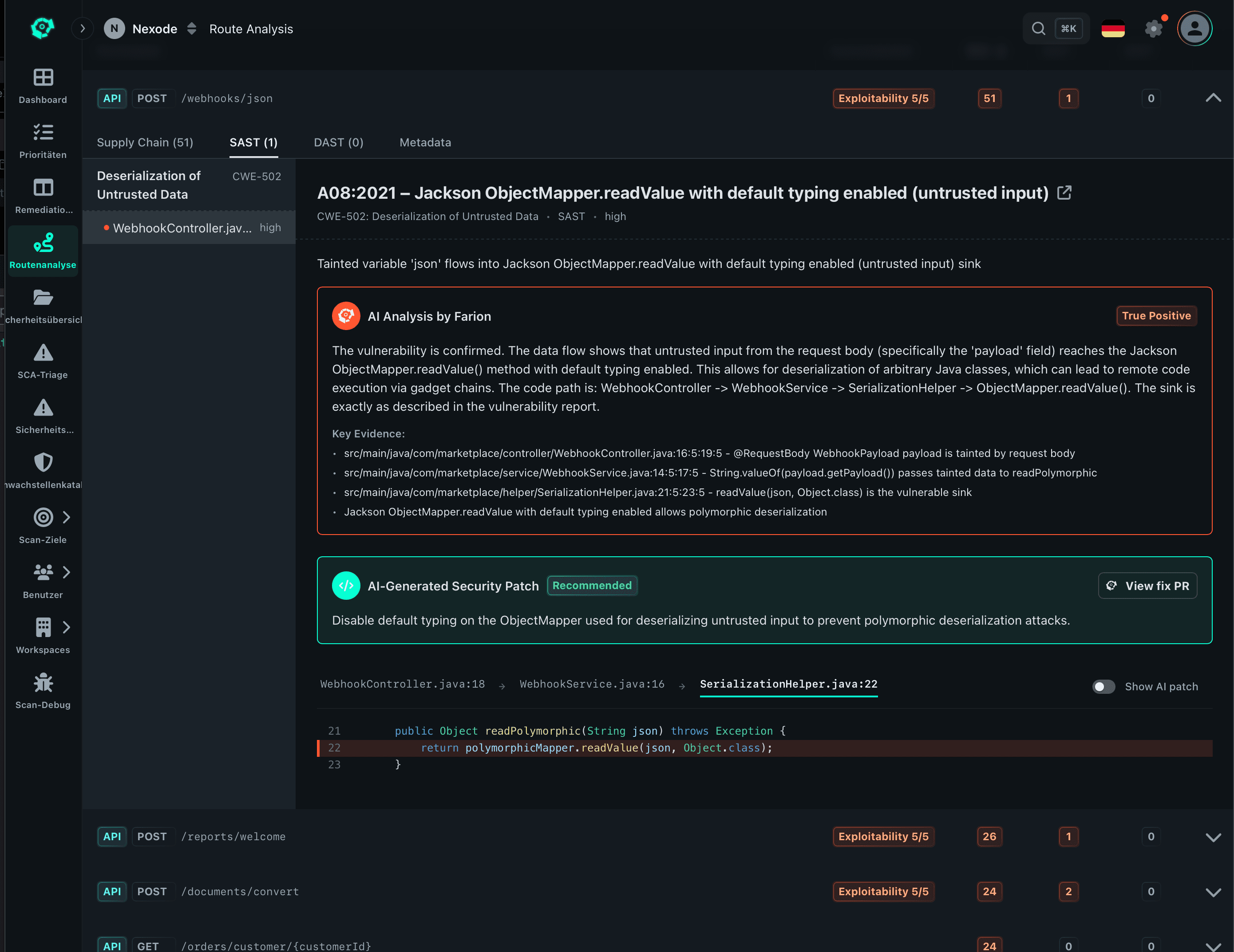 Farion-Routenanalyse: eine Webhook-Route mit ihrem SAST-Finding, der KI-Analyse, die den Exploit-Pfad bestätigt, dem KI-generierten Patch und dem Datenfluss von der Quelle bis zur Senke über drei Dateien
