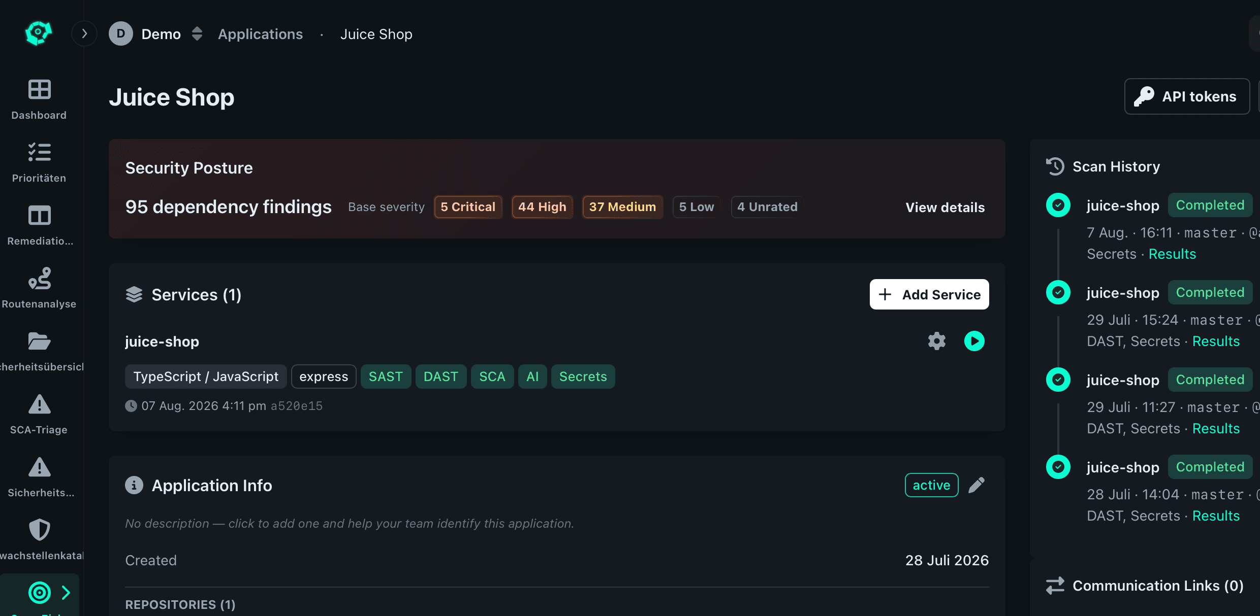 Application overview in Farion showing security posture, connected services, and the scan history per commit.