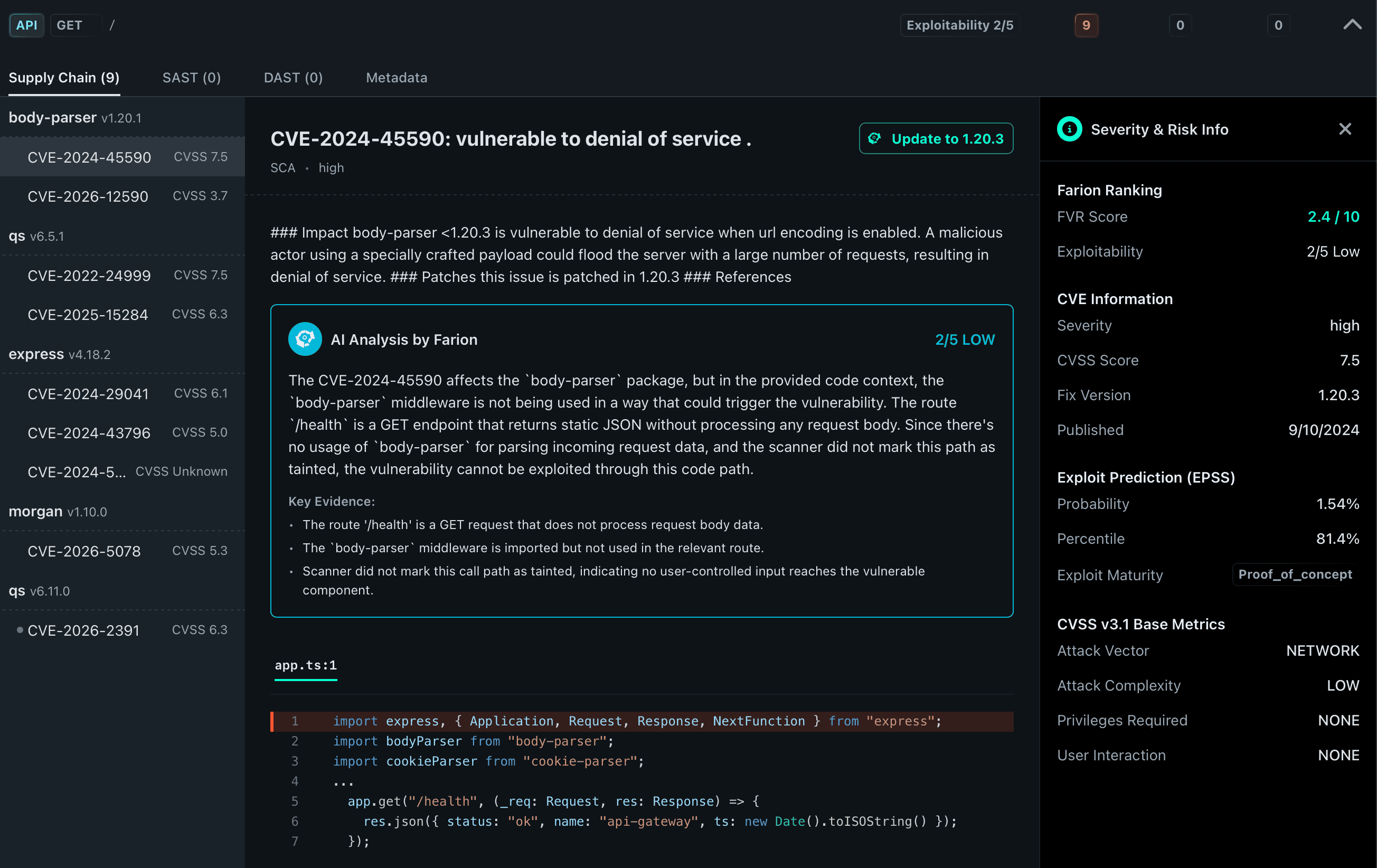 Reachability analysis showing application routes and source code